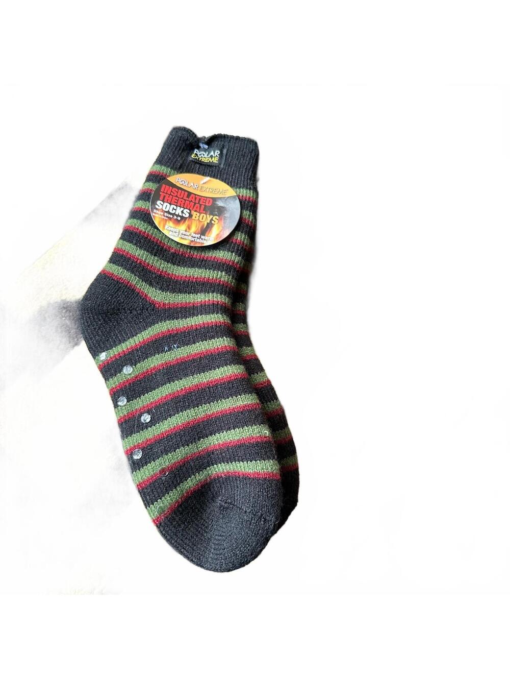 Polar Extreme Boys Thermal Socks (Size 3-9) – Striped Crew with Grippers